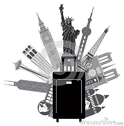 Luggage and Iconic Buildings for World Travel Vector Illustration Vector Illustration