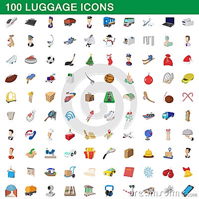 100 luggage icons set, cartoon style Vector Illustration