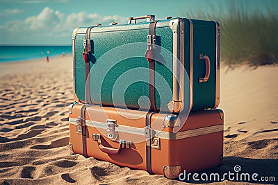 Luggage stands on a sandy beach view of the ocean. Pile Ancient Suitcases Cartoon Illustration