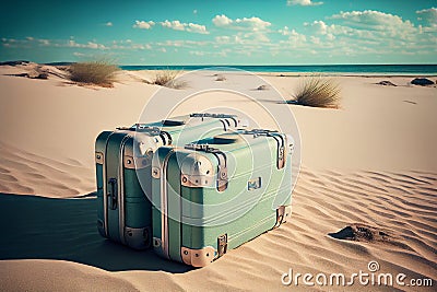 Luggage stands on a sandy beach view of the ocean. Pile Ancient Suitcases Cartoon Illustration