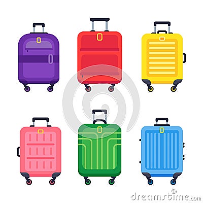 Luggage suitcase. Airport travel baggage colorful plastic suitcases with handle and trolley isolated flat vector set Vector Illustration