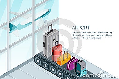 Luggage, suitcase, bags on conveyor belt in airport terminal. Vector 3d isometric illustration. Travel baggage banner Vector Illustration