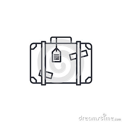 Luggage, suitcase, travel bag whith stickers thin line icon. Linear vector symbol Vector Illustration