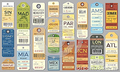Luggage tags and tickets for passenger with country destination, weight and date. Baggage check for airplane Vector Illustration