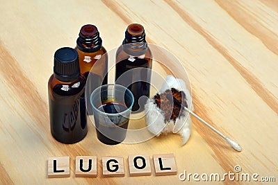 Lugol fluid lugola wanted in pharmacies during the risk of radioactive radiation, explosion atomic bomb or the nuclear power plant Stock Photo