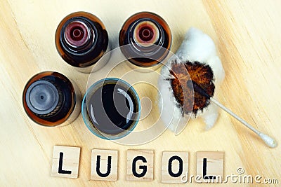 Lugol fluid lugola wanted in pharmacies during the risk of radioactive radiation, explosion atomic bomb or the nuclear power plant Stock Photo