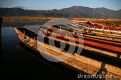 Lugu Lake small boats Stock Photo