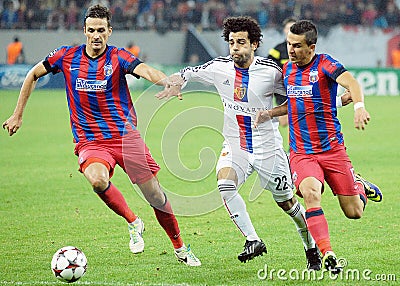 Lukasz Szukala, Mohamed Salah, Daniel Georgievski during Champions League game Editorial Stock Photo