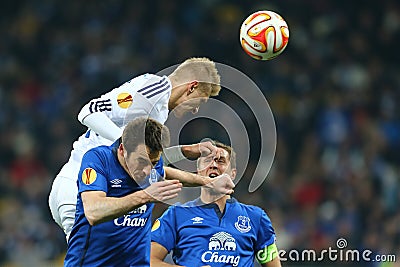 Lukasz Teodorczyk powerful header, UEFA Europa League Round of 16 second leg match between Dynamo and Everton Editorial Stock Photo