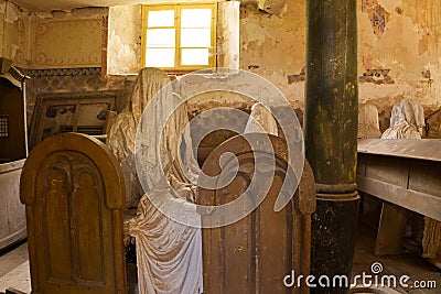 Ghost sculptures sitting on bench in LUKOVA church during open exhibition Editorial Stock Photo
