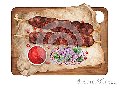 Lula kebab with sauce and onions. Illustration watercolor Stock Photo