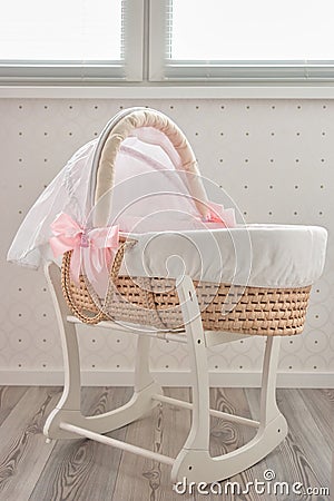 Lullaby baby basket bed. Stock Photo