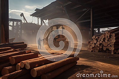 Lumber mill with logs being processed into lumber, workers operating heavy machinery, sawdust flying around Stock Photo