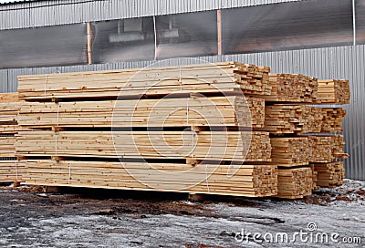 Lumber warehouse of finished products for construction close-up Stock Photo