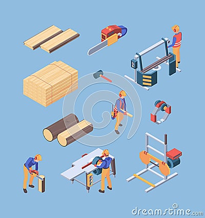 Lumber work. Repair workers wooden production carpentry builders wall installation vector sawmill tools Vector Illustration