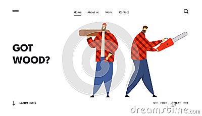 Lumber Workers with Working Equipment and Tools Website Landing Page, Couple of Lumberjack Holding Chainsaw Vector Illustration