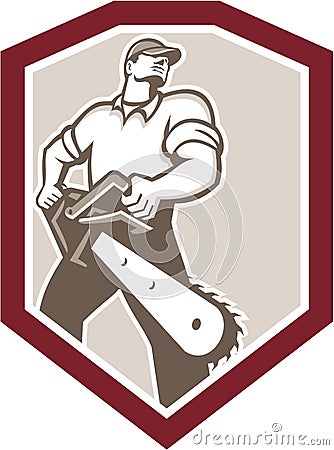 Lumberjack Arborist Holding Chainsaw Shield Vector Illustration