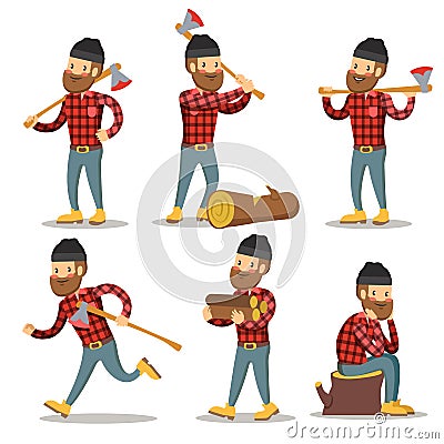 Lumberjack Cartoon Character Set. Woodcutter with Axe Vector Illustration