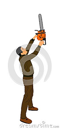 Lumberjack with chainsaw vector illustration isolated on white background. woodpecker on duty. Logger worker. Vector Illustration