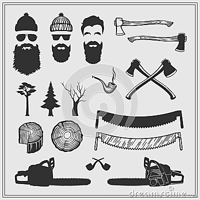 Lumberjack characters with tools and attributes set: chainsaws, saws, axes, stamps and trees. Vector Illustration