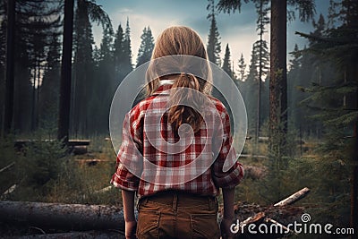 Lumberjack child girl forest. Generate Ai Stock Photo