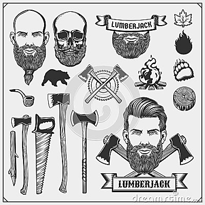 Lumberjack collection. Lumberjack characters and tools. Axes, saws and trees. Vintage style. Vector Illustration
