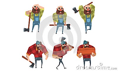 Lumberjack in Different Poses Set, Strong Woodcutter Cartoon Character Holding Axe in his Hands at Work Style Vector Vector Illustration