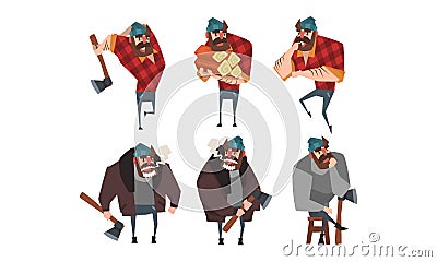 Lumberjack in Different Poses Set, Strong Woodcutter Cartoon Character Style Vector Illustration on White Background Vector Illustration