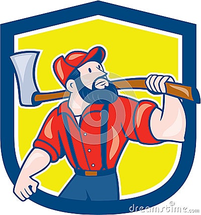 LumberJack Holding Axe Shield Cartoon Vector Illustration