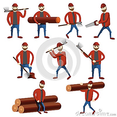 Lumberjack icons set, cartoon style Vector Illustration