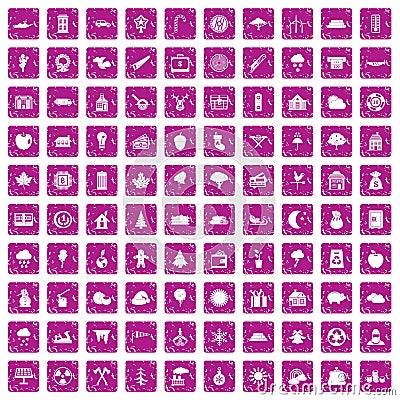 100 lumberjack icons set grunge pink Vector Illustration