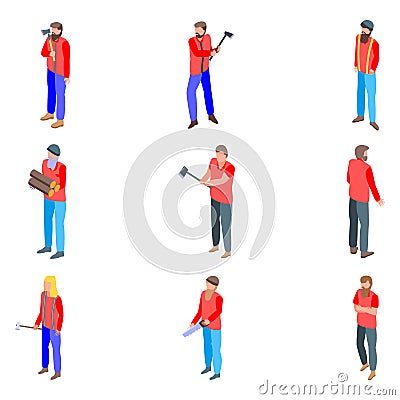 Lumberjack icons set, isometric style Vector Illustration