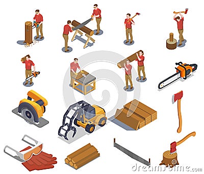 Lumberjack Isometric Icon Set Cartoon Illustration