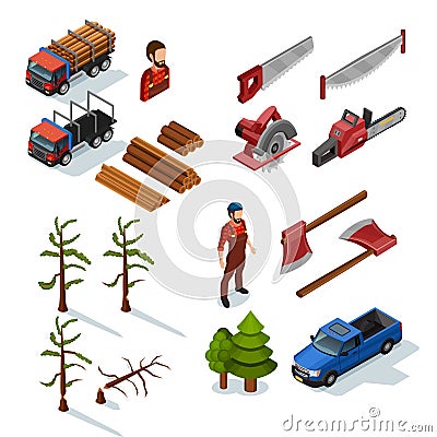 Lumberjack Isometric Icons Set Vector Illustration