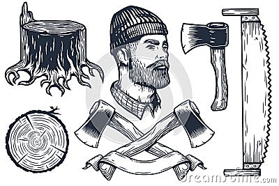 Lumberjack with ax. Set of elements for axeman Vector Illustration