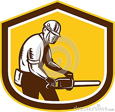 Lumberjack Operating Chainsaw Shield Retro Vector Illustration
