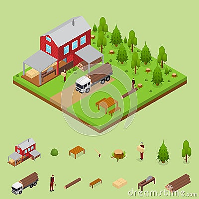 Lumberjack and Sawmill Building Isometric View. Vector Vector Illustration