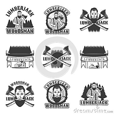 Lumberjack set of vector vintage emblems, labels, badges and logos in monochrome style on white background Vector Illustration