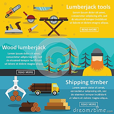 Lumberjack tools banner horizontal set, flat style Vector Illustration