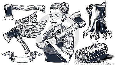 Lumberjack woman. Set of elements for axeman Vector Illustration