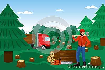 Lumberjack with woodcutter in forest, timber vector illustration. Lumber wood, cutting logs worker cartoon character Vector Illustration