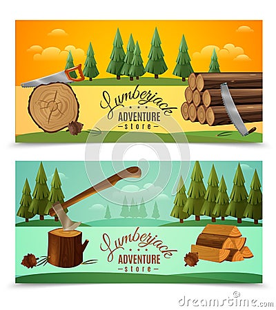 Lumberjack Woodcutter Horizontal Banners Set Vector Illustration