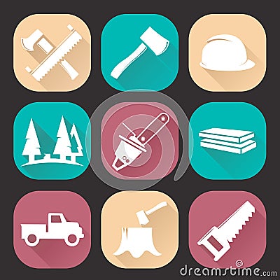 Lumberjack woodcutter icons set isolated on dark background. Flat trendy design Vector Illustration