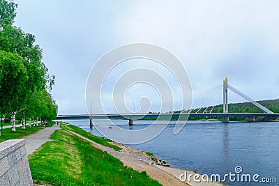 Lumberjacks Candle Bridge and the Kemijoki River in Rovaniemi Editorial Stock Photo