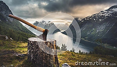 A lumberjacks classic axe stuck in a stump against the backdrop of the beautiful nature landscape Stock Photo