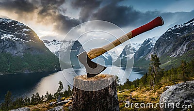 A lumberjacks classic axe stuck in a stump against the backdrop of the beautiful nature landscape Stock Photo