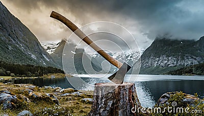 A lumberjacks classic axe stuck in a stump against the backdrop of the beautiful nature landscape Stock Photo
