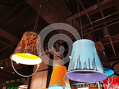 Luminaires made of bucket colorful Stock Photo