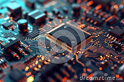 Luminescent Abstract microchip neon. Generate AI Stock Photo