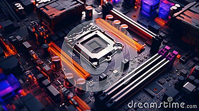 Luminescent Motherboard with Electron Paths and Pulsating Lights, Symbolizing Modern Innovation Stock Photo